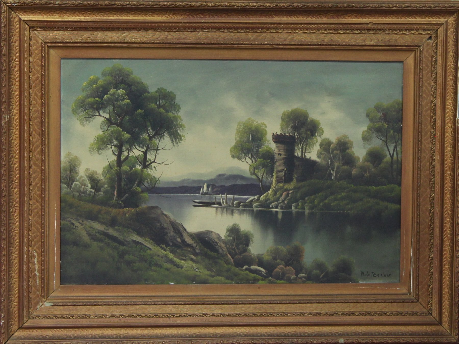 Appraisal: W G Becker Castle by a Lake oil on canvas