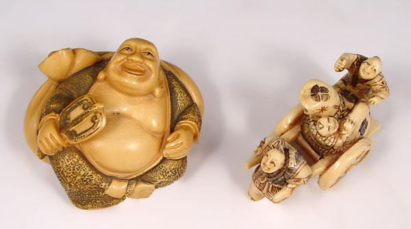 Appraisal: PIECE JAPANESE CARVED IVORY NETSUKE To include Man pulling cart