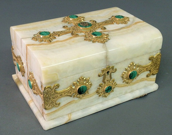 Appraisal: Russian white onyx box with fire gilt and malachite mounts