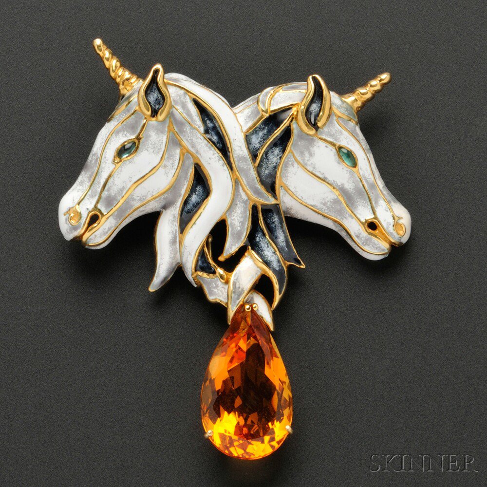 Appraisal: kt Gold Enamel and Gem-set Unicorn Brooch Aldo Cipullo c