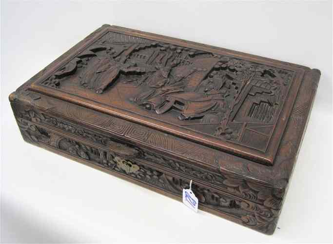 Appraisal: CHINESE CARVED CAMPHOR WOOD COVERED BOX A garden scene in