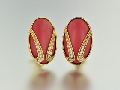 Appraisal: A Pair of Pink Coral and Diamond k Gold Earrings