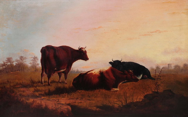 Appraisal: J E Metcalfe th Century Three cattle resting in a