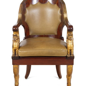 Appraisal: An Empire Parcel Gilt Mahogany Fauteuil th Century with olive