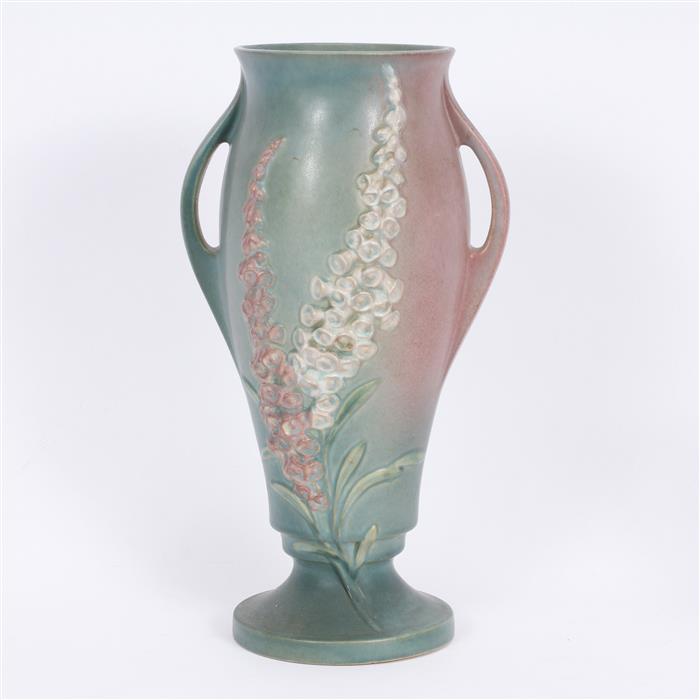 Appraisal: Roseville Foxglove art pottery double handle vase H x W