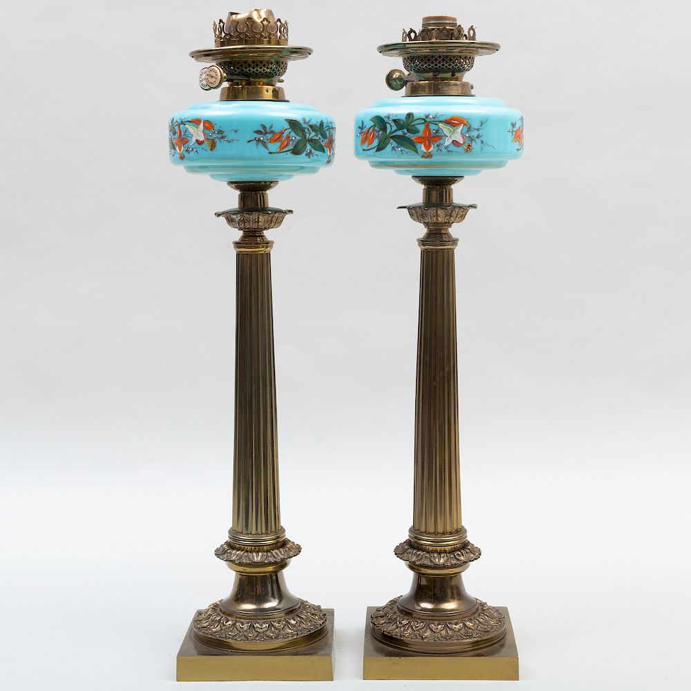 Appraisal: Pair of American Brass and Glass Oil Lamps marked Hink