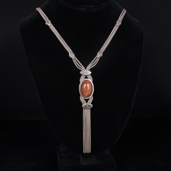 Appraisal: Art Deco Turkish sterling silver Niello Tassle Necklace with aventurine