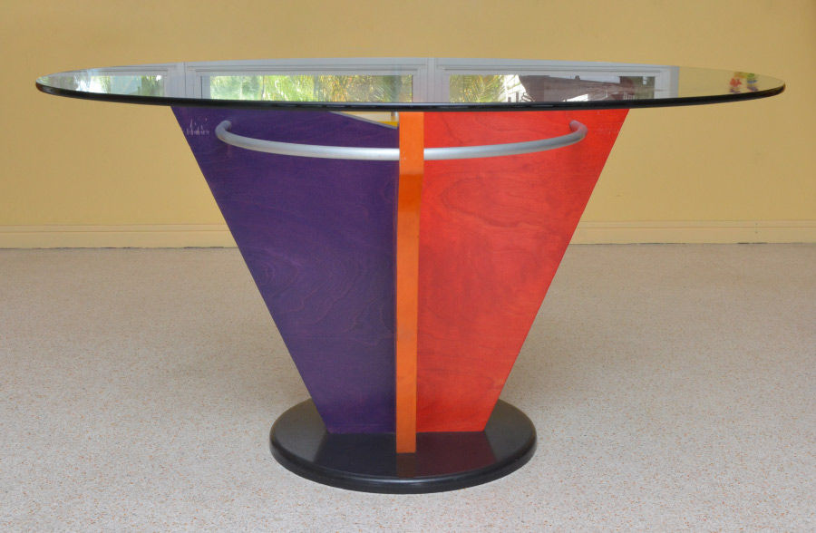 Appraisal: CONTEMPORARY GLASS TOP DINING TABLE Abstract vibrant polychrome paint decorated