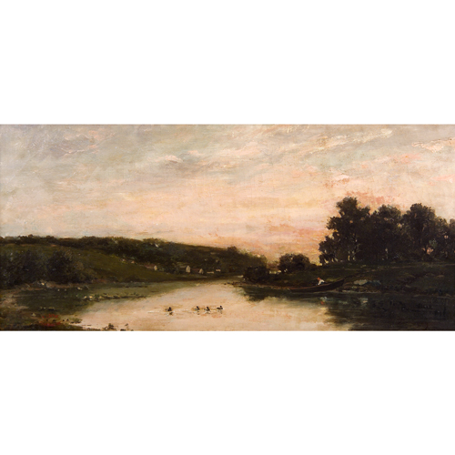 Appraisal: Charles Daubigny French - attribution oil-on-canvas pastoral landscape framed Signed