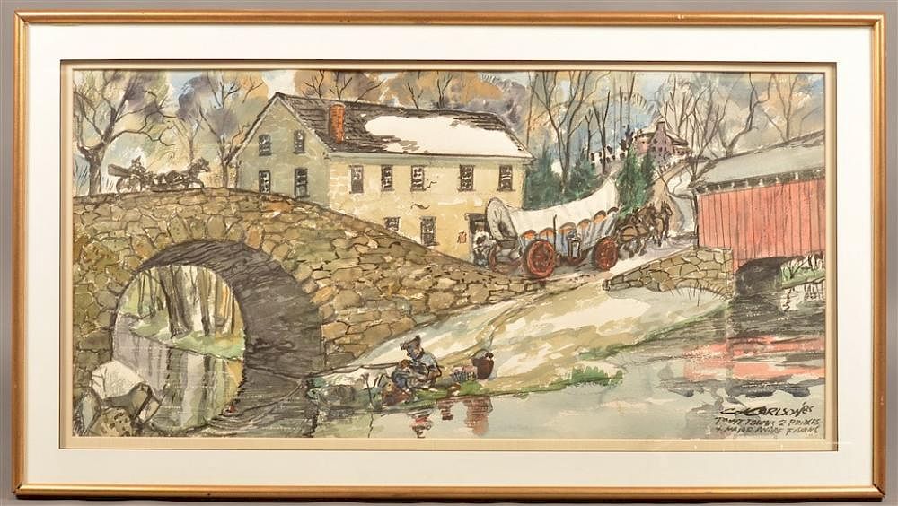 Appraisal: C X Carlson Watercolor Conestoga Wagon Scene C X Carlson