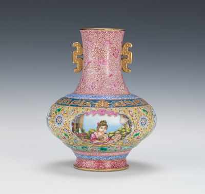 Appraisal: Chinese Enameled Porcelain Vase with Qianlong Mark Intricately hand-painted with