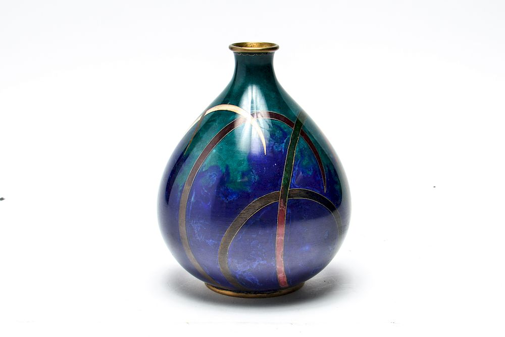 Appraisal: Modern Cobalt Teal Cloisonne Vase Modern cloisonne vase with banded