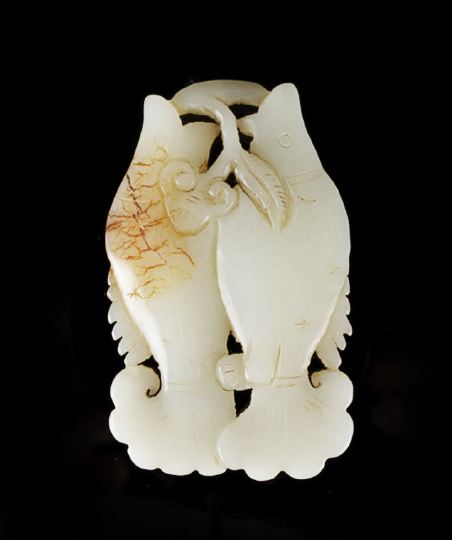 Appraisal: Chinese Carved Jade Double Fish Pendant the milky stone with