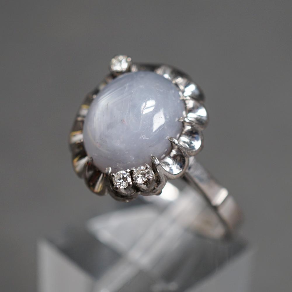 Appraisal: Tested -Karat White-Gold Blue-Gray Star Sapphire and Diamond Ring Star