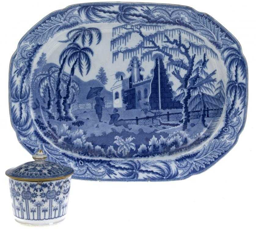 Appraisal: A RIDGWAY BLUE PRINTED PEARLWARE CHINOISERIE RUINS PATTERN MEAT DISH