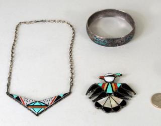 Appraisal: Two Zuni Silver Multistone Inlaid Jewelry Items Two Zuni silver