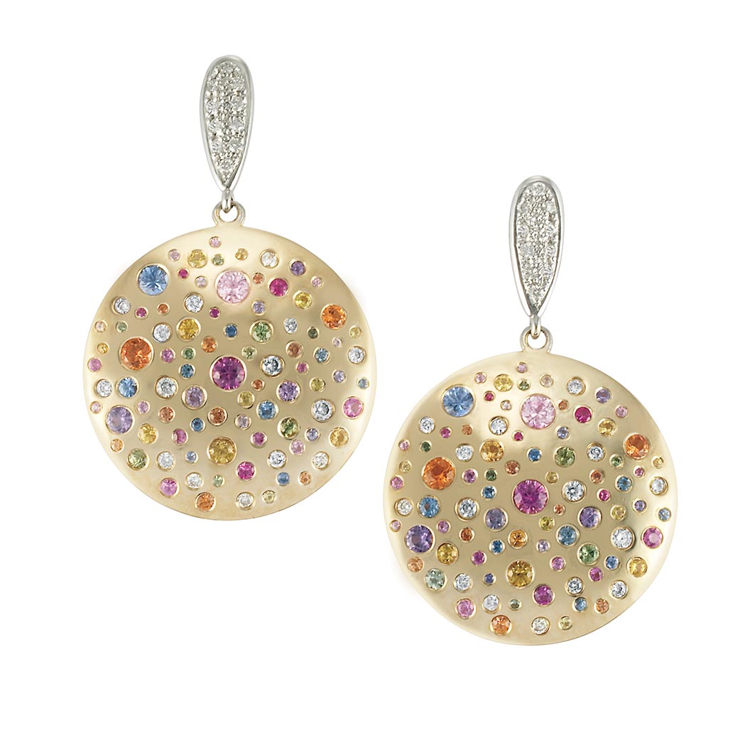 Appraisal: Pair of Two-Color Gold Diamond and Multicolored Sapphire Pendant-Earrings Yellow