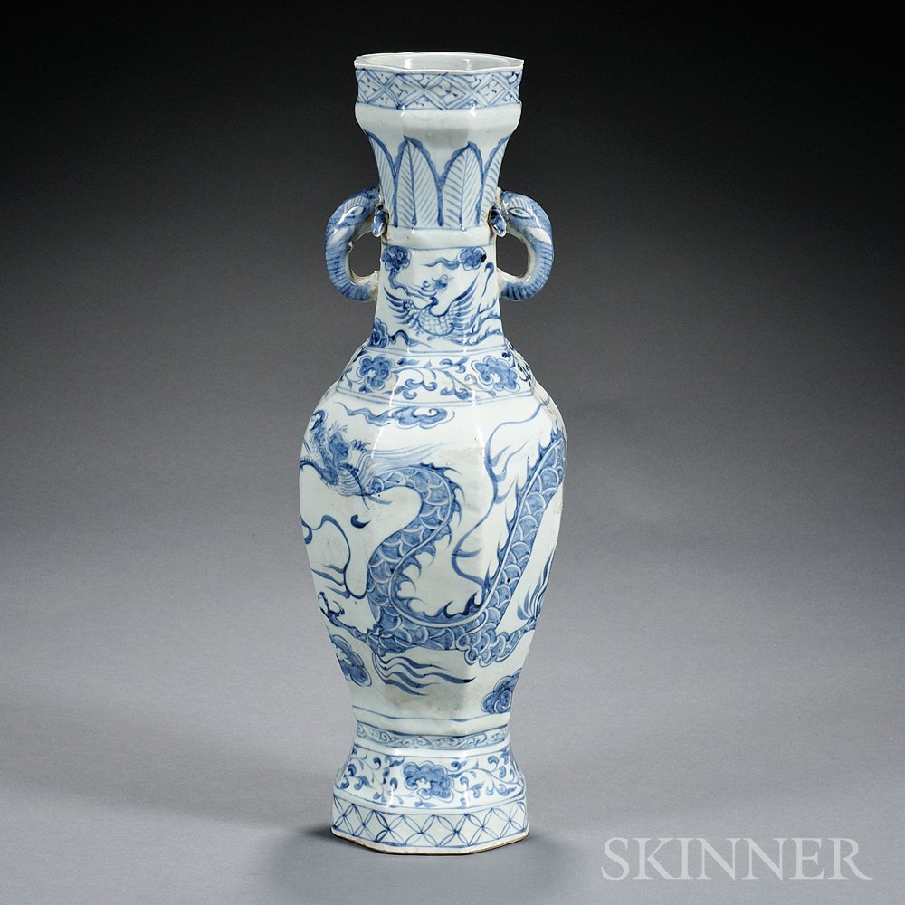 Appraisal: Blue and White Temple Vase China after ancient bronze prototype