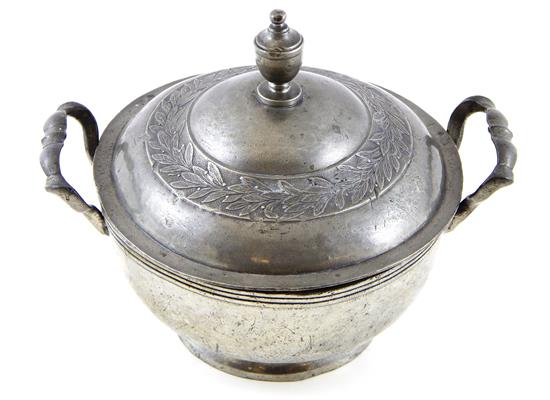 Appraisal: English pewter tureen stamped label 'LONDON' to base owner or