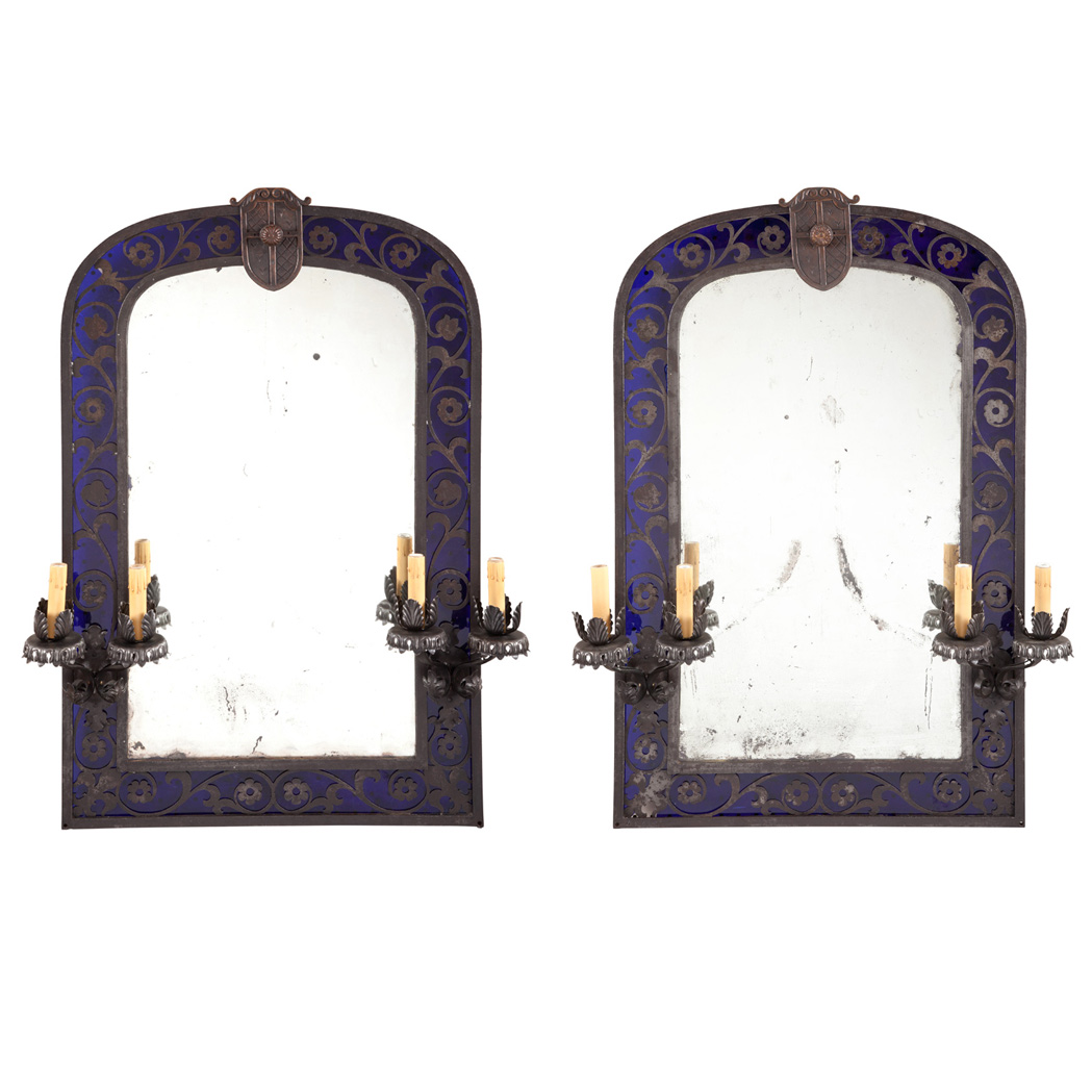 Appraisal: Pair of Gothic Style Patinated Metal and Glass Girandole Mirrors