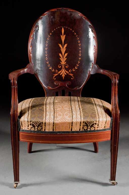 Appraisal: Edwardian inlaid mahogany armchair late th early th century stringer