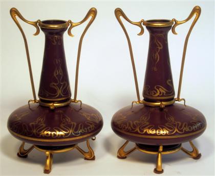 Appraisal: Pair of art nouveau gilt bronze mounted enameled glass vases