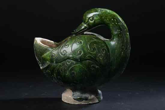 Appraisal: CHINESE GREEN GLAZED POTTERY DUCK-FORM CENSER Ming Dynasty style -