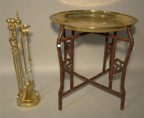 Appraisal: A BRASS TRAY ON STAND TOGETHER WITH BRASS FIRE TOOLS