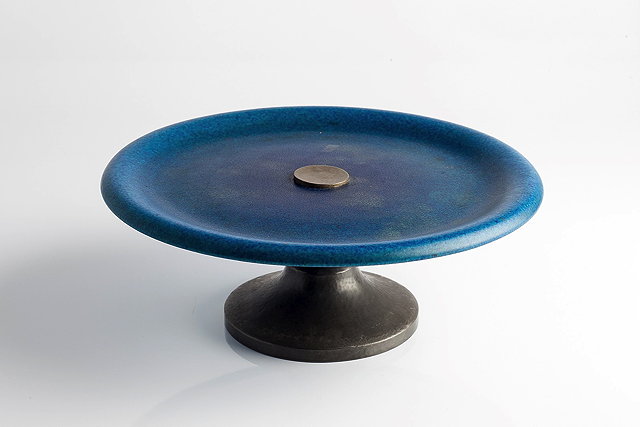 Appraisal: Pilkingtons Royal Lancastrian'Tudric' comportblue glazed dish and pewter standimpressed manufacturer's