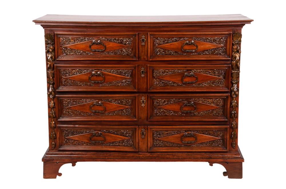 Appraisal: ITALIAN CARVED WALNUT DECORATED CHEST OF DRAWERS inches wide inches