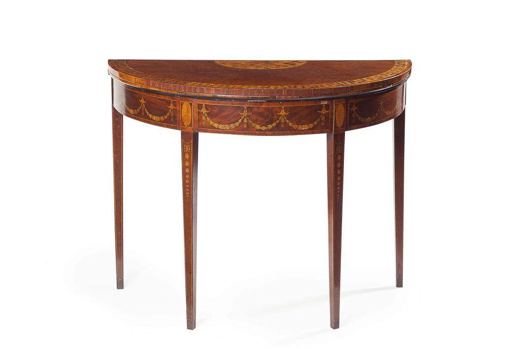 Appraisal: GEORGE III MAHOGANY AND INLAID DEMI-LUNE CARD TABLE MANNER OF