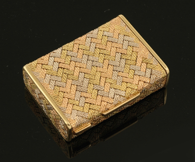 Appraisal: An Italian gold pill box The rectangular ct tri-colour gold