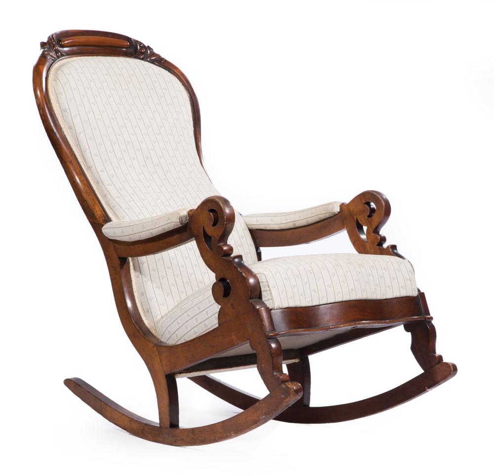 Appraisal: American Late Classical Walnut Lincoln Rocker scroll and foliate crest