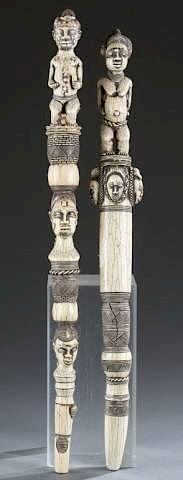 Appraisal: African carved ivory scepters A group of African carved ivory