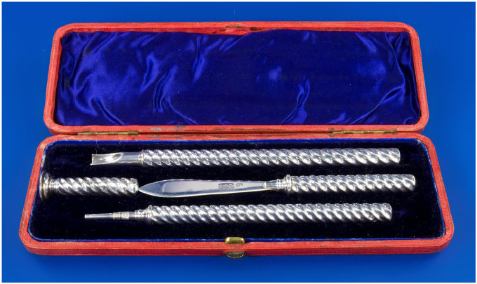 Appraisal: Silver Writing Set With Spiral Design Hall marked Birmingham maker