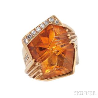 Appraisal: kt Gold Citrine and Diamond Ring the fancy-cut citrine cut