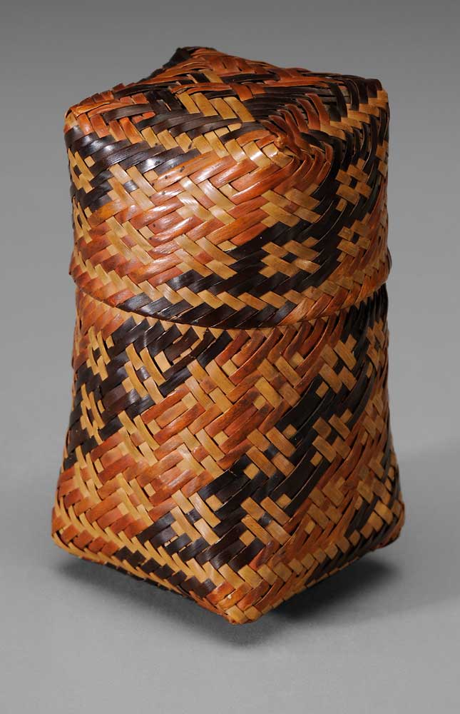 Appraisal: Miniature Double-Woven Chitimacha Lidded Basket brown diagonal bands and geometric