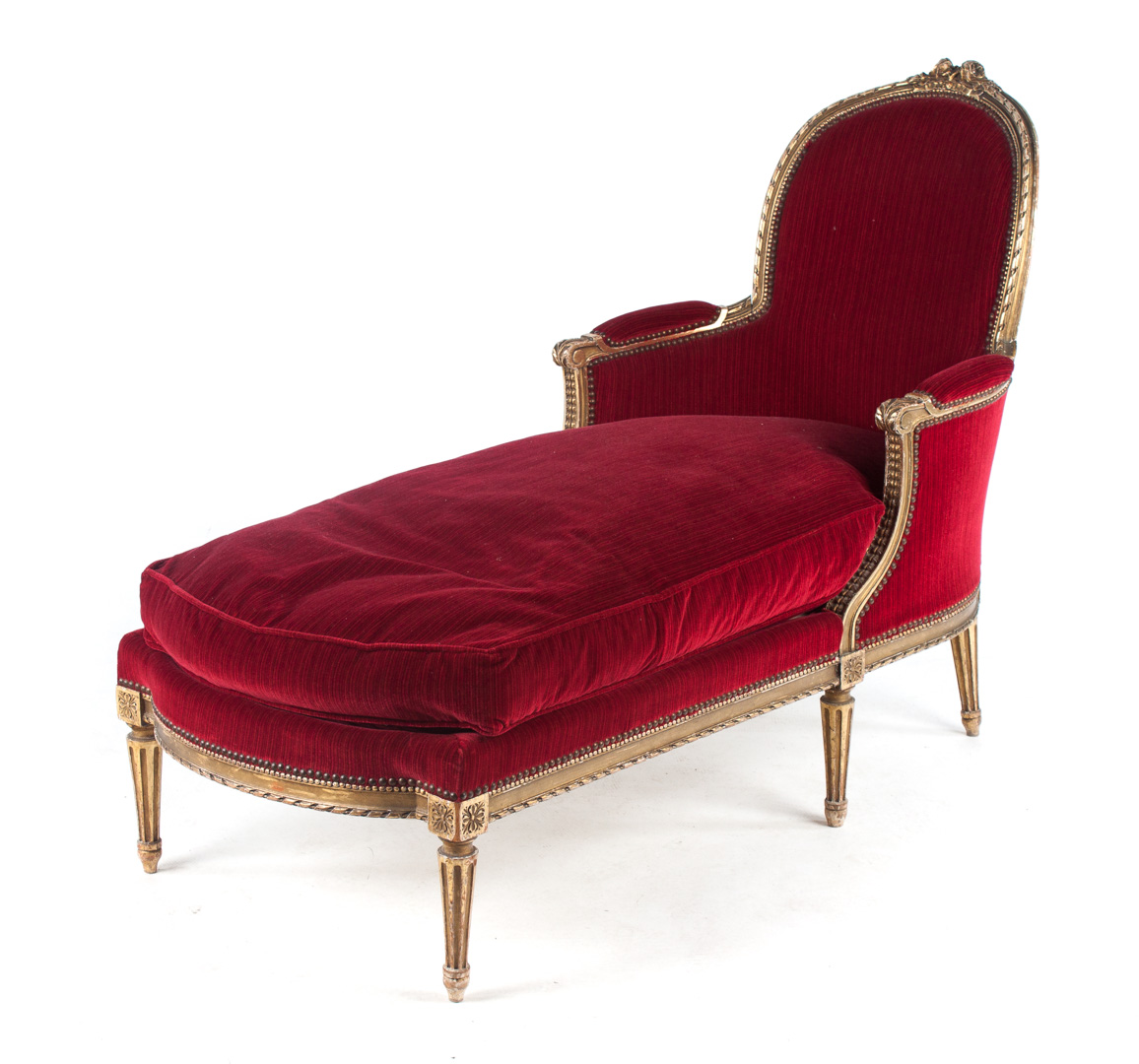 Appraisal: Louis XVI style carved giltwood chaise lounge upholstered back arms