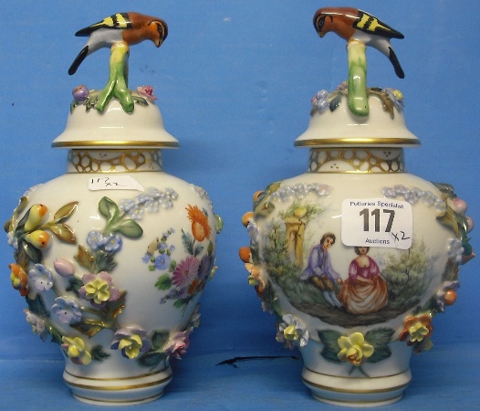 Appraisal: Pair late Dresden Vases and Covers decorated with parrots to