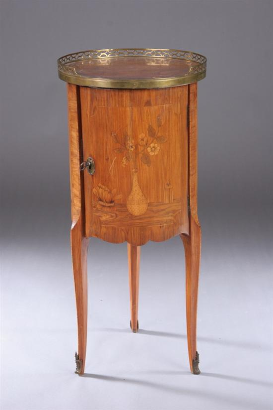 Appraisal: FRENCH LOUIS XV-STYLE MARQUETRY-INLAID DRUM TABLE th century Quarter-galleried circular