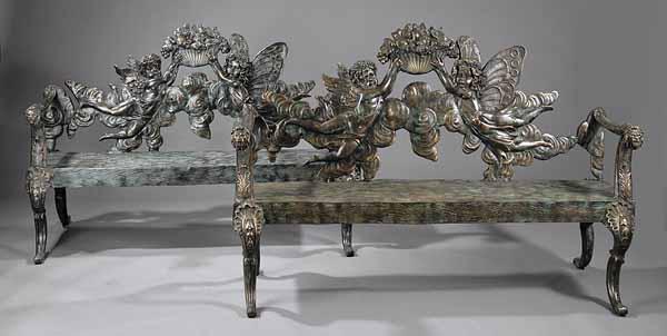 Appraisal: A Pair of Patinated Bronze Garden Benches of Whimsical Inspiration