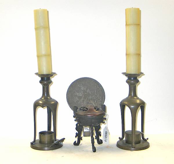 Appraisal: Four Asian bronzes Including a pair of Chinese tripod candle