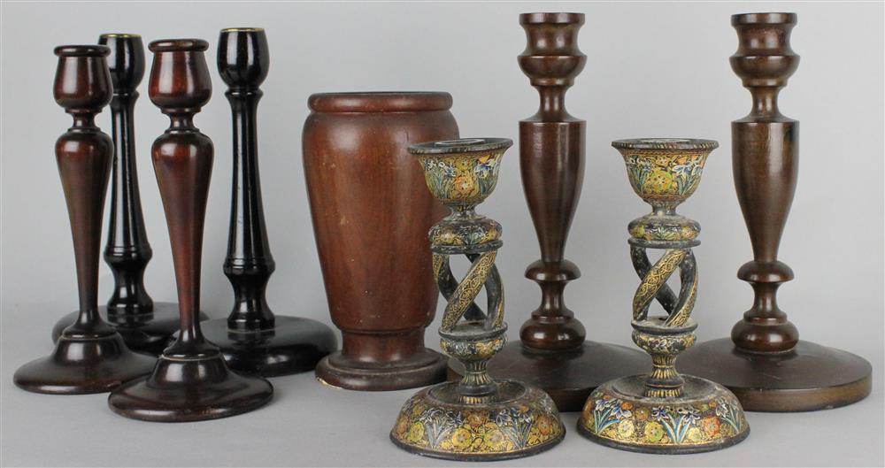 Appraisal: THREE PAIRS OF TREEN CANDLESTICKS with variously knopped stems one