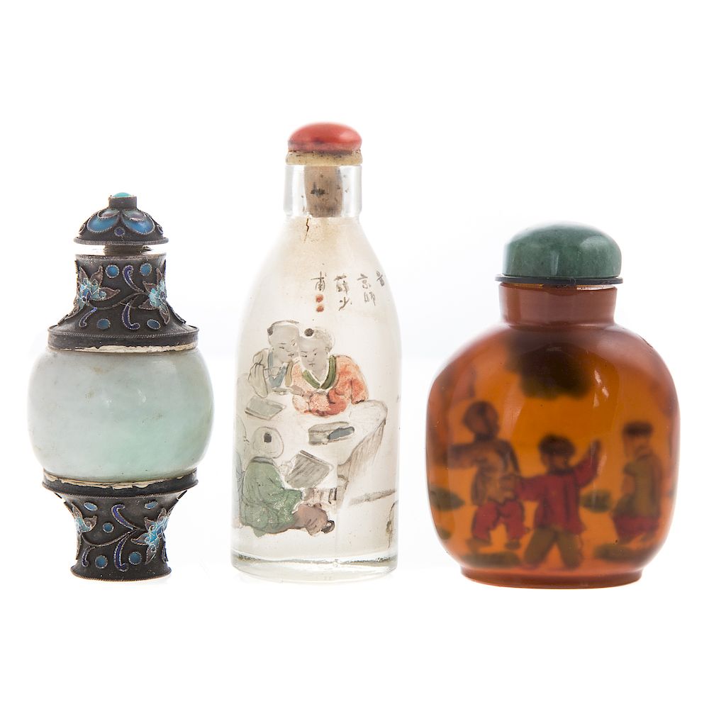 Appraisal: Three Chinese Snuff Bottles including enamel silver and jade stamped