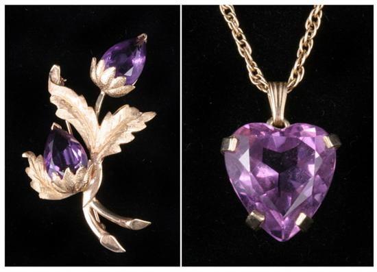 Appraisal: TWO PIECES K YELLOW GOLD AND AMETHYST JEWELRY Floral spray