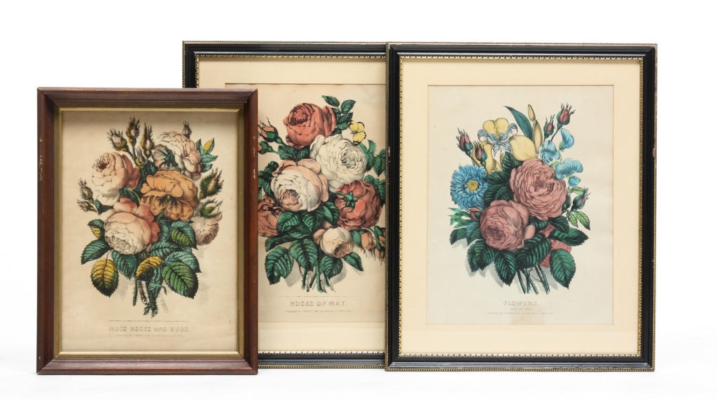 Appraisal: THREE CURRIER AND IVES FLORAL PRINTS Third quarter th century