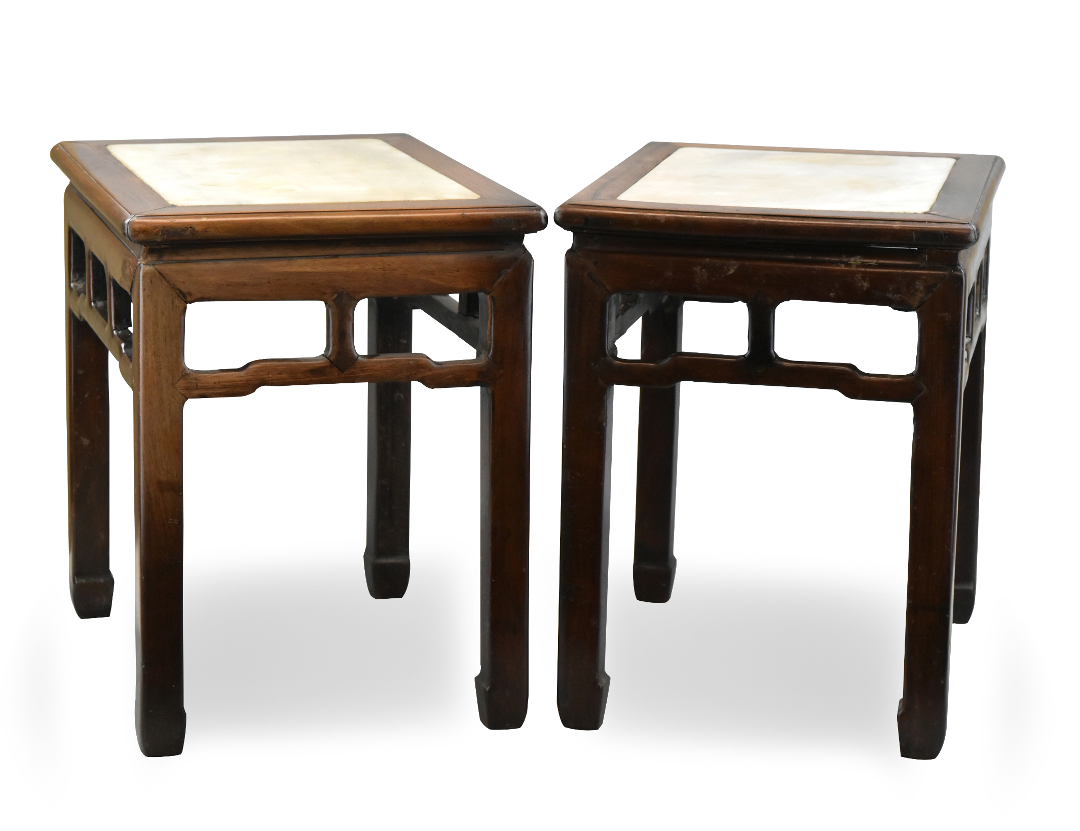 Appraisal: A pair of Chinese stools with inlaid marble tops Stools