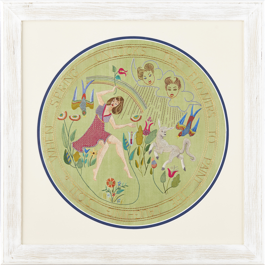 Appraisal: ENGLISH SCHOOL EMBROIDERED ROUNDEL CIRCA depicting a figural scene allegorical