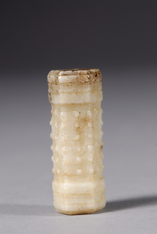 Appraisal: Jade Cylinder th century hexagonal form surface carved with archaic