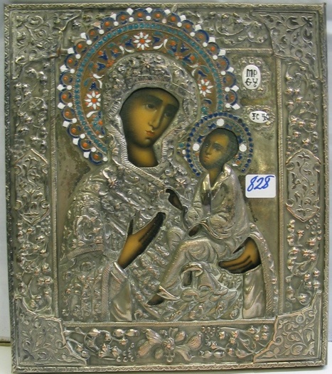 Appraisal: RUSSIAN ICON Virgin and Child each having colorful enameled okhlads